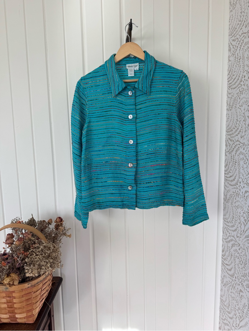 Aqua Silk Blend Textured Stripe Button Front Shirt Jacket